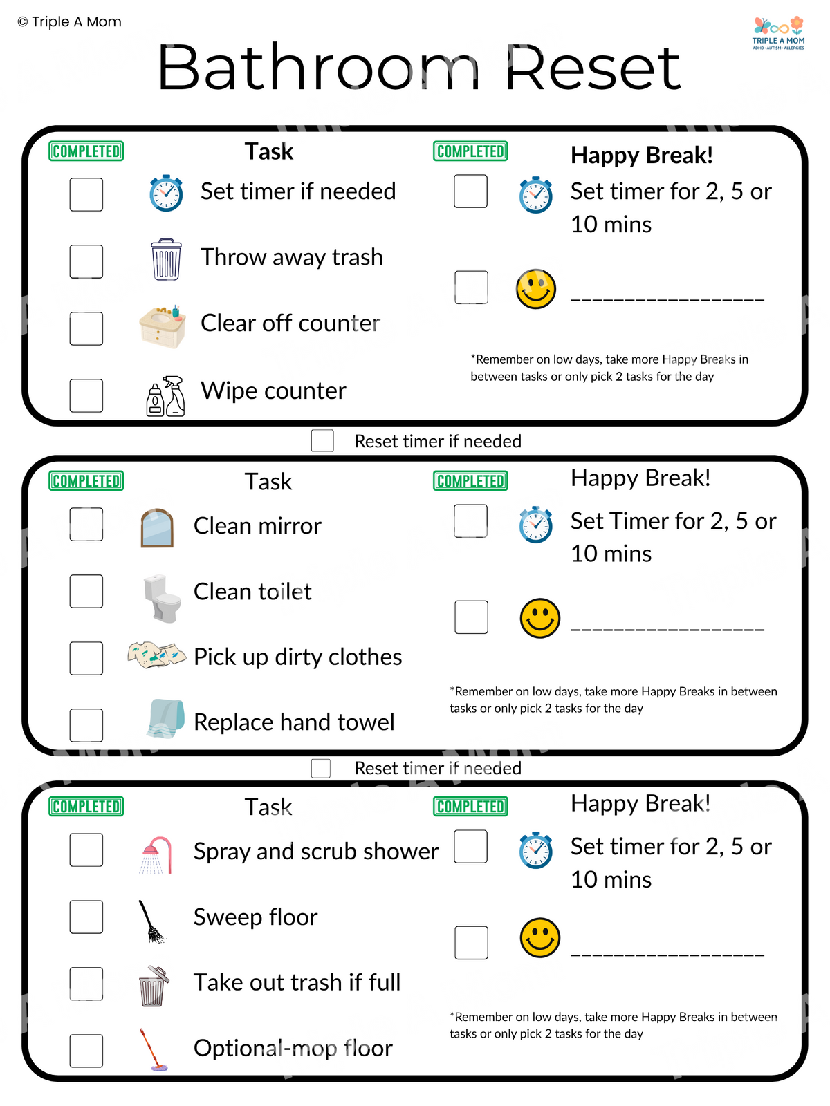 Bathroom Reset Checklist, a step-by-step visual cleaning checklist