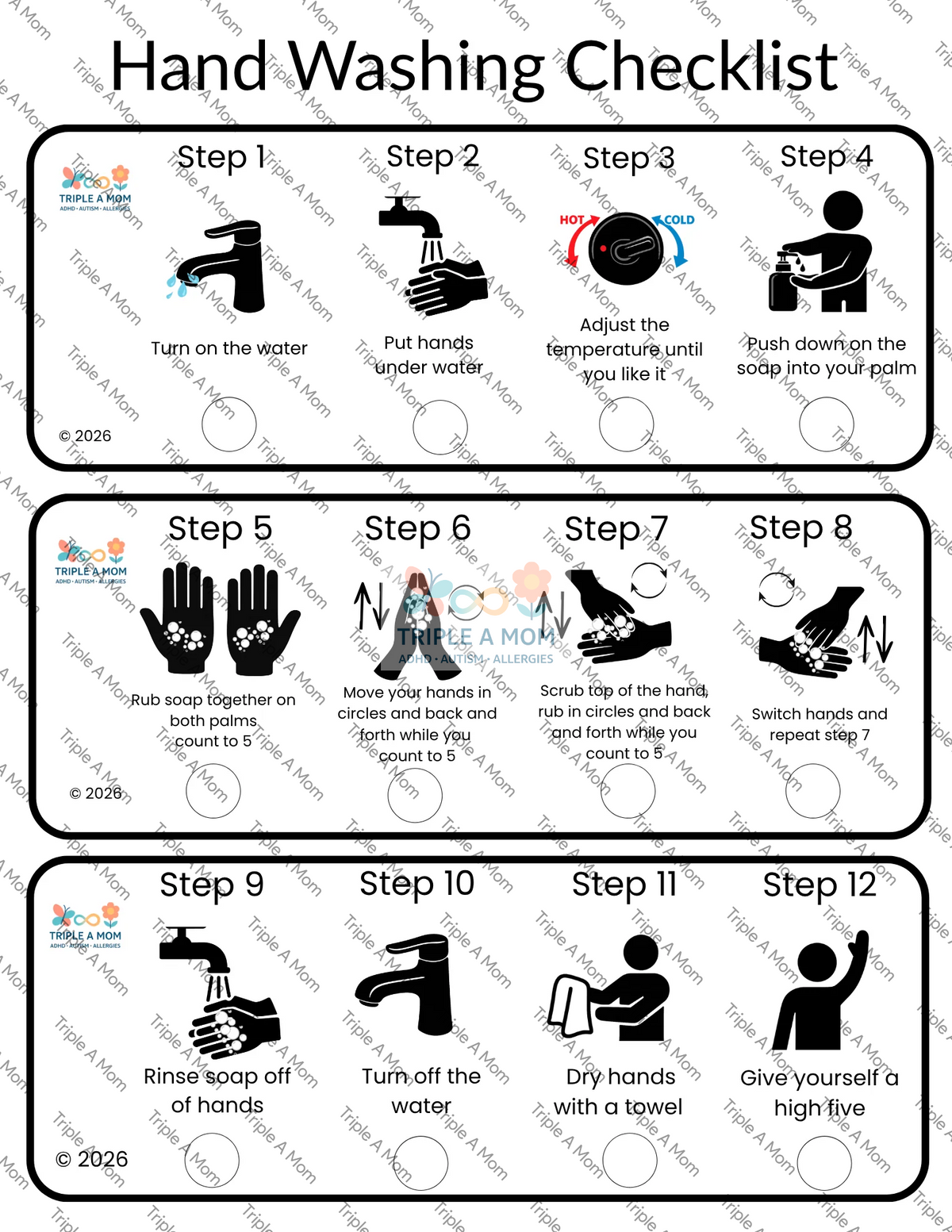 Hand Washing Checklist with step-by-step visuals for kids