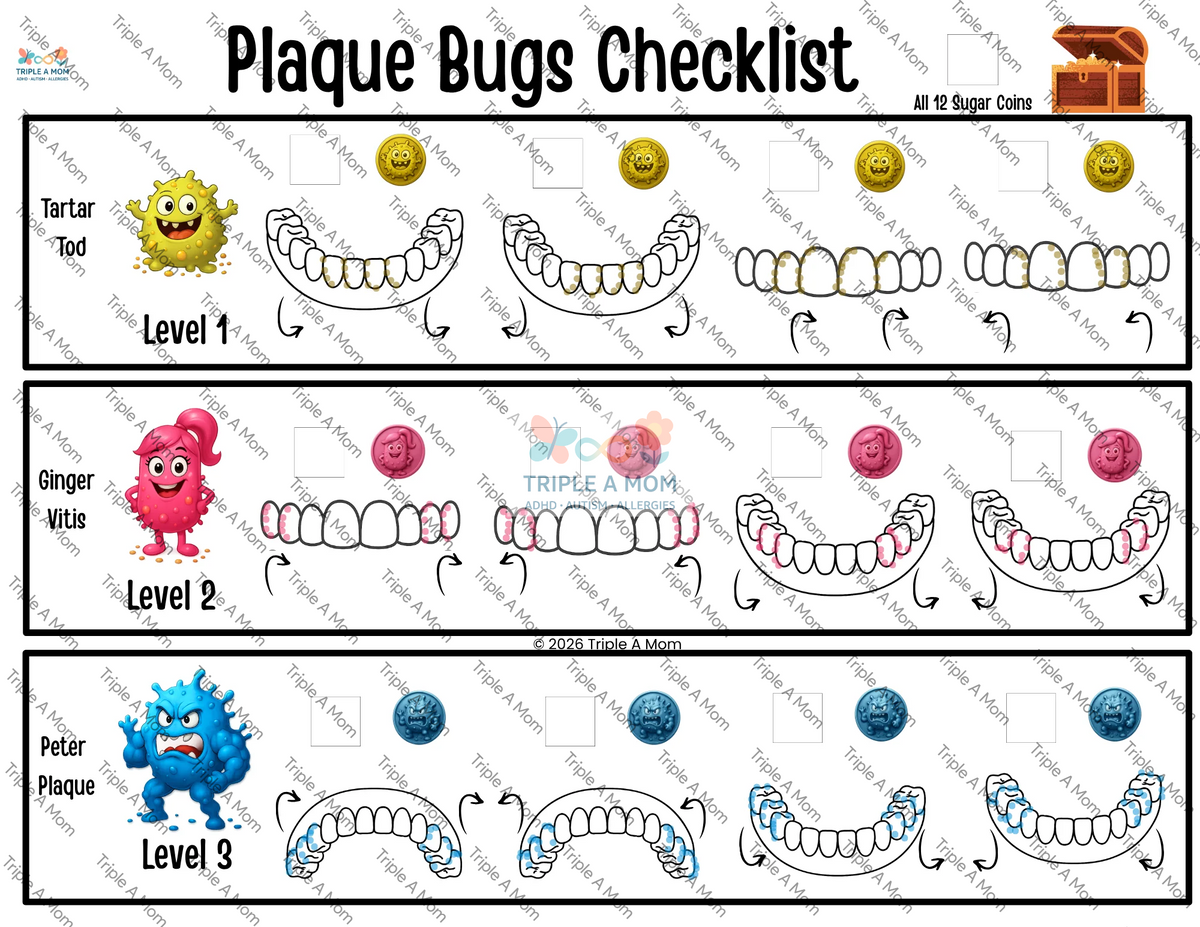 Plaque Bugs Flossing Checklist, a treasure-hunt flossing game