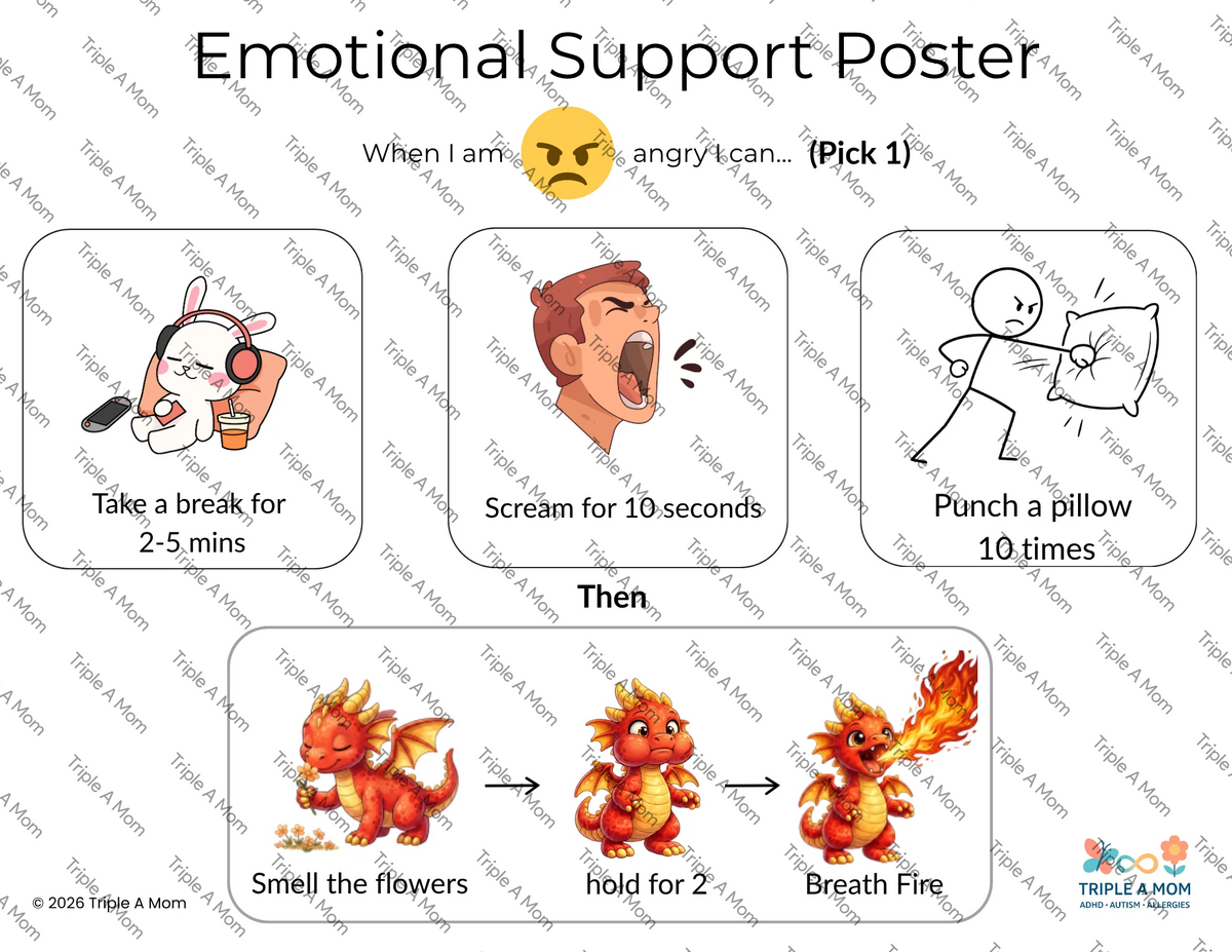Emotional Support poster for anger with calming strategies (scream version)