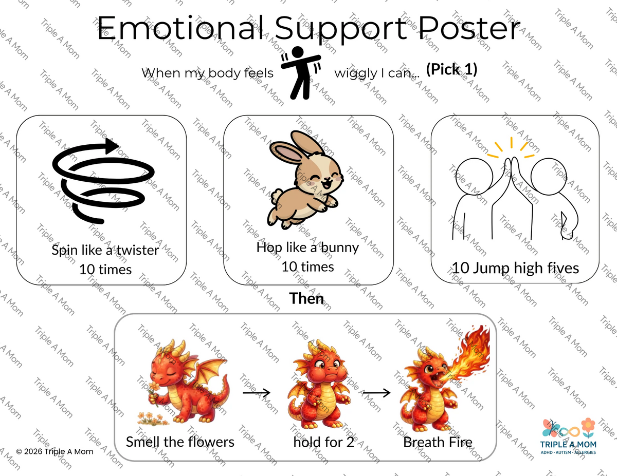 Emotional Support poster with strategies for wiggly, restless bodies