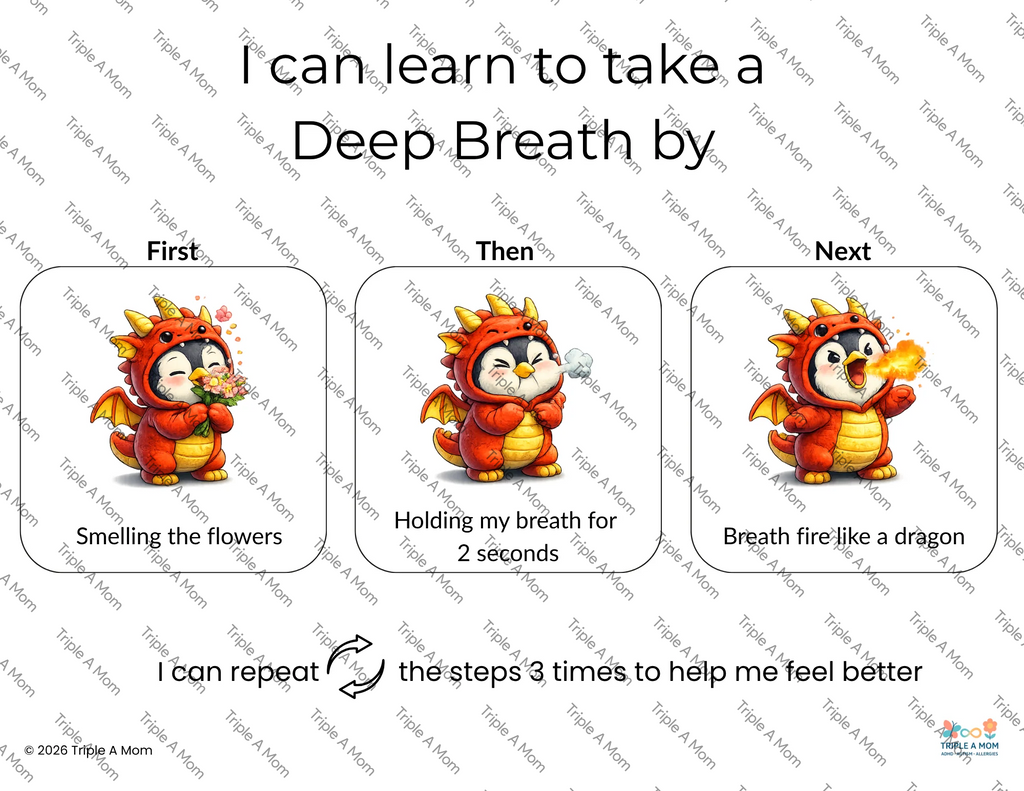 Breathing Techniques Poster showing 3 kid-friendly breathing steps