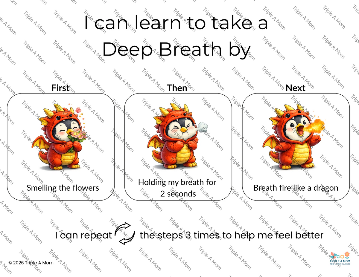 Breathing Techniques Poster showing 3 kid-friendly breathing steps