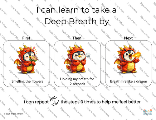 Breathing Techniques Poster showing 3 kid-friendly breathing steps