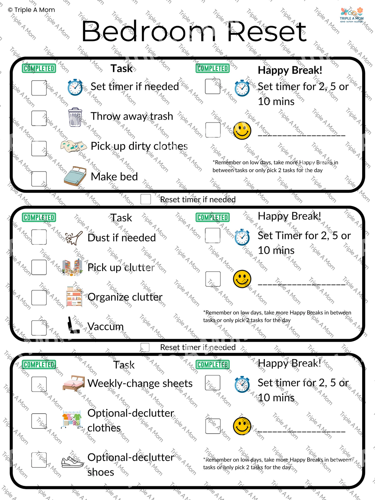 Bedroom Reset Checklist, a step-by-step visual cleaning checklist