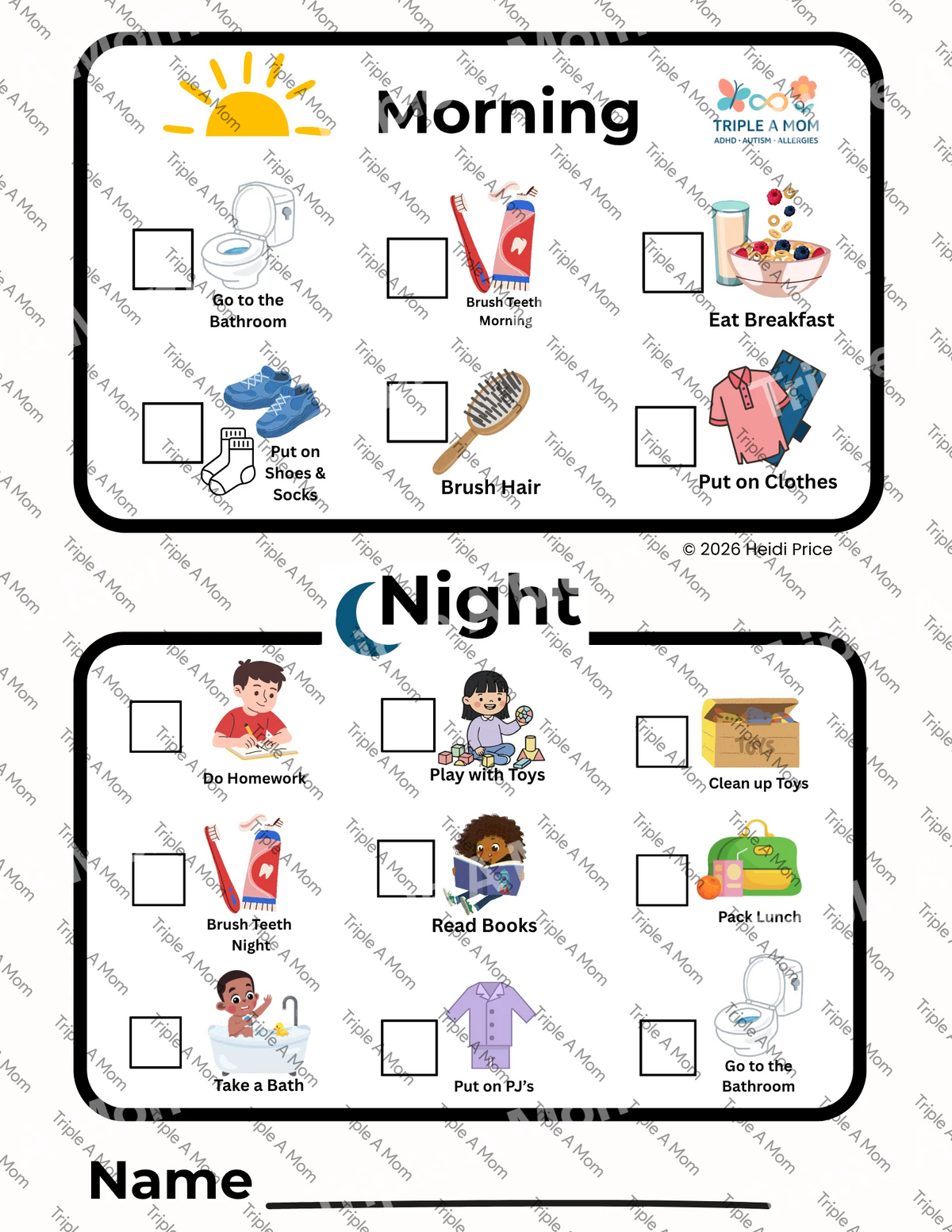 Morning and Night Routine Checklist with picture steps