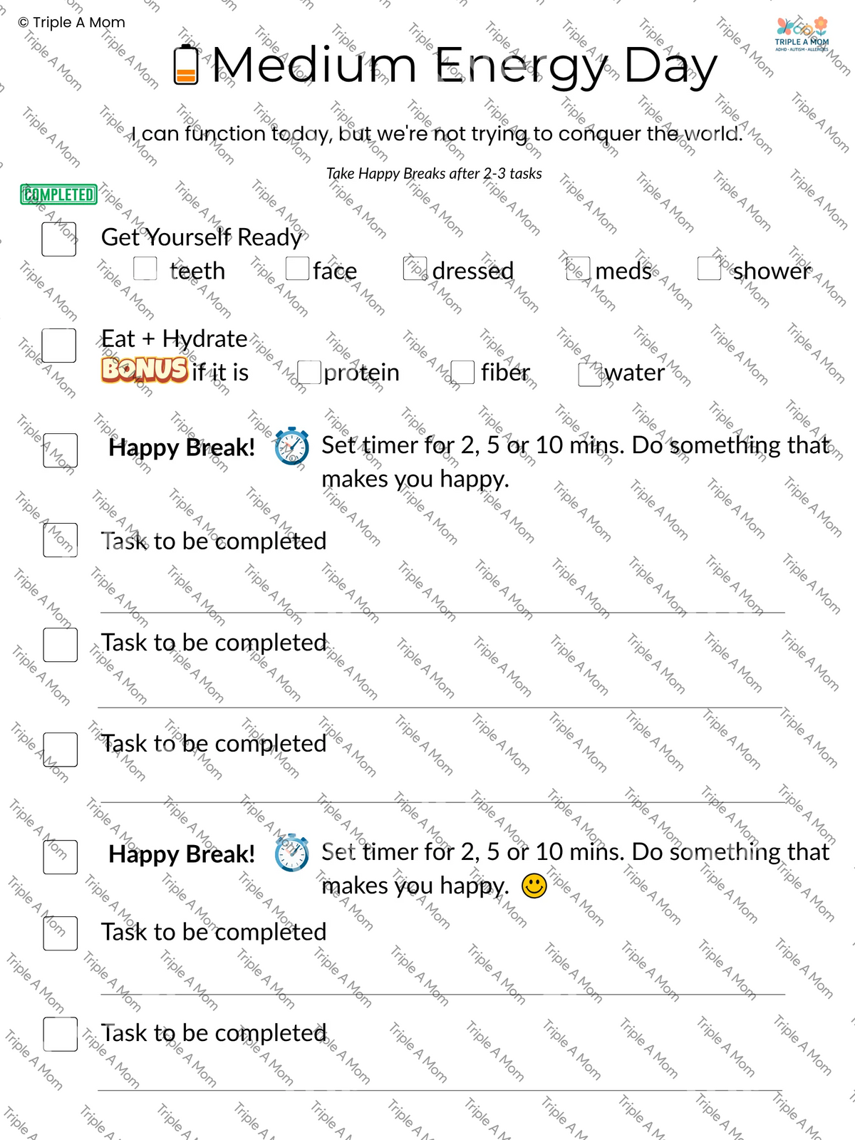 Medium Energy Day Poster for planning realistic tasks