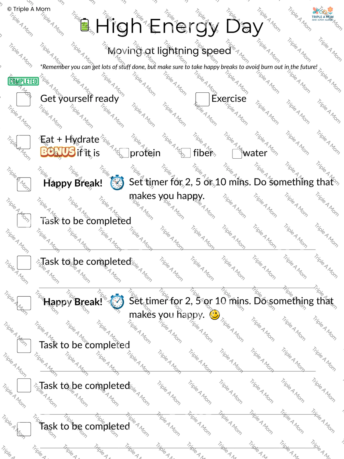 High Energy Day Poster for planning realistic tasks